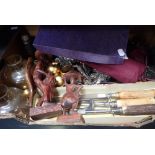 A HORN HANDLED CARVING SET, cutlery and sundries