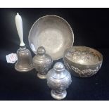 A SILVER TABLE BELL, with "bone" handle, together with a collection of unmarked white metal items