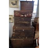 A 19TH CENTURY METAL BOUND TRUNK, two similar, a suitcase and an oak box (5)