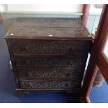 A VICTORIAN TUDOR STYLE CARVED OAK CHEST OF DRAWERS, 98cm high x 91cm wide