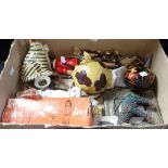 A WOODEN PINOCCHIO, a Vintage papier mache cat and sundries