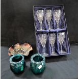 A SET OF SIX STUART CRYSTAL WINE GLASSES (boxed) a pair of Victorian green vases and a carnival glas