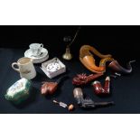 A COLLECTION OF VINTAGE PIPES, a large pocket watch, ceramics and sundries