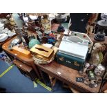 A PAIR OF CANDLESTICKS, a mantel clock, gilt plates and sundries (as lotted)