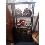 A 19TH CENTURY JAPANESE EBONISED DISPLAY STAND, fitted three drawers and cupboard, with brass mounts