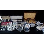 A COLLECTION OF SILVER PLATE, to include a plated coffee pot