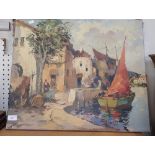 BOUCHET, FRENCH MEDITERRANEAN HARBOUR SCENE, oil on canvas, 1950s, height 51cm