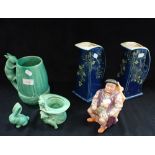 SYLVAC; A GREEN BUNNY, a squirrel jug and a top hat, a Melba Ware Henry VIII toby jug and a pair of
