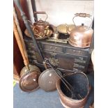 A COLLECTION OF WARMING PANS, a copper kettle and similar metalware