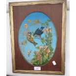 VICTORIAN OVAL AESTHETICSTYLE STUDY ON HONEYSUCKLE AND BIRDS, oil on board, 1870s, height 30cm
