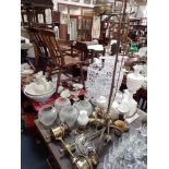 A VICTORIAN STYLE BRASS HANGING LAMP, table lamps and similar lighting