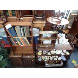 AN ARTS AND CRAFTS OAK BOOKCASE, height 99cm, and two other sets of shelves