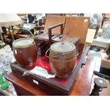 A TABLE TOP VITRINE, an oak stationary box, a work box and two biscuit barrels