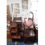 A VICTORIAN MAHOGANY ETAGERE, A VICTORIAN BALLOON BACK CHAIR AND OTHER FURNITURE, 9 items