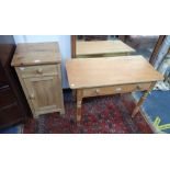 A VICTORIAN STRIPPED PINE SIDE TABLE with a single drawer, 91cm wide and a pine bedside cabinet (2)