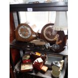 A 1930S WALNUT CASED MANTEL CLOCK, another similar, a pair of binoculars and sundries