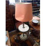 A BRASS AND PAINTED STANDARD LAMP with central marble shelf