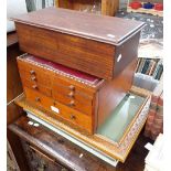 A MAHOGANY COLLECTOR'S CABINET, fitted small drawers with a red leather top and similar items