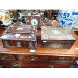 A 19TH CENTURY ROSEWOOD AND MOTHER OF PEARL INLAID BOX and a Victorian coramandle and brass mounted