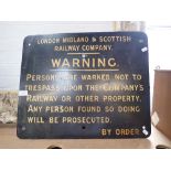 A VINTAGE ENAMEL 'LONDON & SCOTTISH RAILWAY COMPANY' WARNING SIGN, 46cm high x 56cm wide (note some