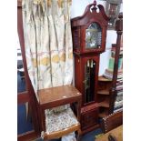 A CHINESE HARDWOOD LONG CASE CLOCK with two stools