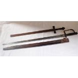 AN ARCHAIC STEEL SWORD with engraved decoration to the handle and a sword with a leather scabbard (2