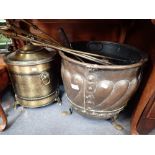 A BRASS LOG BIN, a coal box and fireplace tools (as lotted)