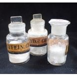 THREE VINTAGE CHEMIST JARS, including 'CAFFEIN. CIT' each 11cm high