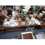 A MAHOGANY CARD TABLE and a grained serving table (2)