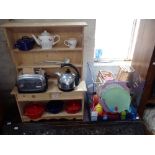 A VINTAGE CHILD'S DRESSER, with enamel pots and similar children's toys