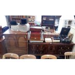 A 17TH CENTURY STYLE OAK SIDEBOARD, 165cm long and A FIGURED WALNUT TALLBOY, 125cm high x 75cm wide