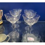 A SET OF SIX 1930S CHAMPAGNE GLASSES, engraved 'MSA'