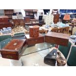 A BURR WALNUT CIRCULAR BOX, fitted a variety of drawers, 20cm dia., a 19th century rosewood writing