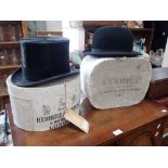 A VINTAGE BLACK TOP HAT, by 'A.J.WHITE LTD 74 JERMYN STREET LONDON' with original box and a bowler h