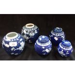 A COLLECTION OF CHINESE BLUE AND WHITE PRUNUS GINGER JARS (5)