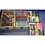 A VINTAGE HORNBY 0 GAUGE TINPLATE TRAIN SET, some boxed with locomotives, track and accessories