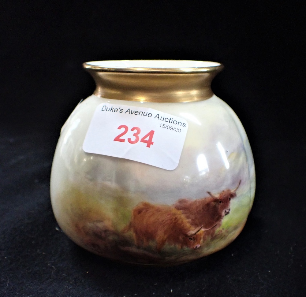 A ROYAL WORCESTER SQUAT VASE, with a hand painted scene of Scottish cattle, signed 'Stinton', 8cm hi - Image 2 of 2