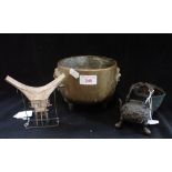 AN ORIENTAL BRASS POT, a cast iron pot, a small Chinese bronze teapot (foot missing) and a white met