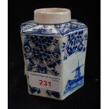 A HEXAGONAL DELFT TEA CADDY, 9.5cm high