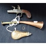 A POCKET PISTOL, together with a hunting horn and powder flask (3)