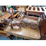 A SCRATCH BUILT WOODEN MODEL OF A HAY WAIN with a carved wooden horse