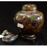 A CLOISONNE GINGER JAR and cover, 12.5cm high and a cloisonne 'bird' box (2)
