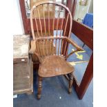 A 19TH CENTURY ELM ASH AND BEECH HOOP BACKED WINDSOR ARMCHAIR