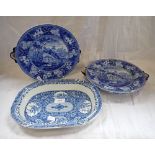 A 19TH CENTURY BLUE AND WHITE TRANSFER DECORATED SHALLOW DISH and a pair of similar warming plates (