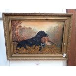 A NAIVE OIL ON CANVAS PAINTING OF A DOG HOLDING A PHEASANT