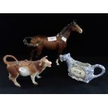 A LARGE BESWICK HORSE, 22cm high, a cow-creamer and a Frederick Rathbone jug, in the form of a cow (