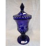 A LARGE CUT GLASS BRISTOL BLUE GOBLET