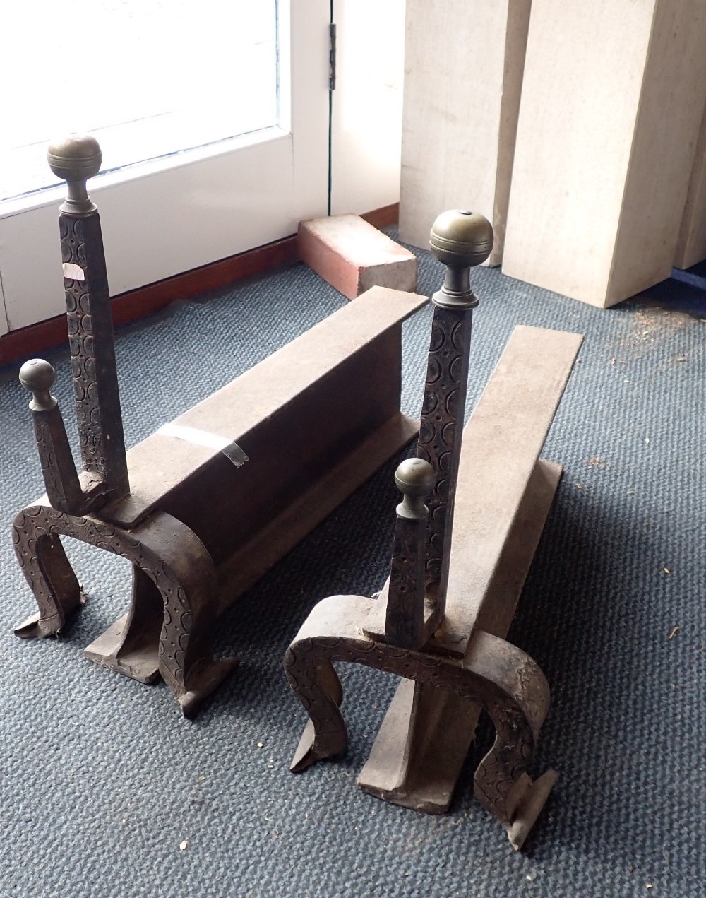 A PAIR OF LARGE IRON AND BRASS FIREDOGS - Image 2 of 2