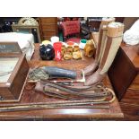 A PAIR OF VINTAGE LEATHER AND CANVAS NEWMARKET BOOTS