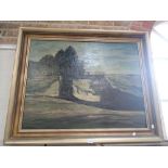 20TH CENTURY OIL ON CANVAS VIEW OF A RAILWAY BRIDGE,